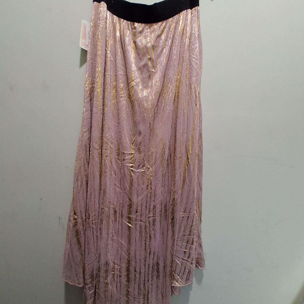 LuLaRoe Lucy Skirt Pink Metallic Gold Stripe Maxi Boho Elastic Waist XL‎